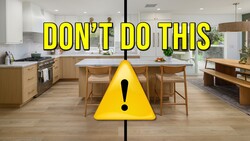 Graphic illustration of modern kitchen with warning triangle overlay and text reading 'DON'T DO THIS'