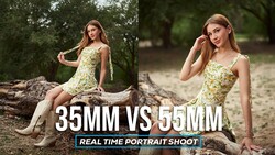 Side-by-side portrait comparison of a woman in a floral dress on a log, labeled 35mm vs 55mm