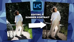 Before and after comparison of Lightroom Classic editing applied to a summer portrait of a woman in white clothing outdoors