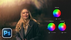Screenshot of Photoshop's color grading interface with Midtones, Shadows, and Highlights wheels