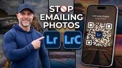 Man in blue cap pointing to Lightroom and Lightroom Classic logos with landscape photos and QR code
