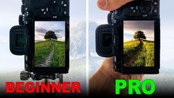 Comparison graphic showing landscape photography captured by beginner versus professional photographer using same scene