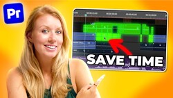 Screenshot graphic showing Adobe Premiere Pro timeline with editing interface and 'SAVE TIME' text overlay