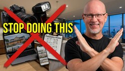 Photographer making X gesture with arms crossed over photography equipment and mistakes chart