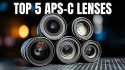 Five APS-C camera lenses arranged in a circular composition with bokeh background