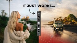 Screenshot showing Lightroom adjustment panel with before/after comparison of tropical beach landscape photography