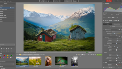 Screenshot of photo editing software showing Nordic landscape with traditional turf-roofed houses