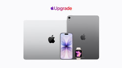 Graphic illustration of Apple devices including MacBook, iPhone, iPad, and Apple Watch displaying the Upgrade logo