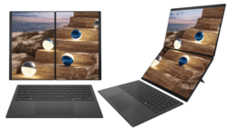 Concept rendering of a foldable laptop device with dual screens displaying landscape photography