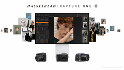 Hasselblad Capture One software interface with portrait editing workflow and camera equipment