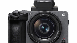 Sony α mirrorless camera with 28mm lens and pop-up flash against white background