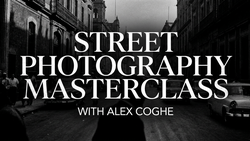 Graphic promoting a street photography masterclass with Alex Coghe, displayed as white typography over a black and white urban street scene