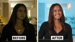 Before and after comparison showing portrait lighting and post-processing transformation