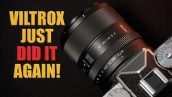 Viltrox lens on vintage film camera with bold text overlay reading 'VILTROX JUST DID IT AGAIN!'