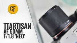 Iiyama AF 50mm f/1.8 'Neo' prime lens positioned on white surface with CF logo