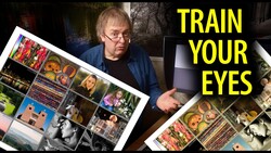 Photographer examines contact sheets displaying grid layouts of photographs while yellow text reads 'TRAIN YOUR EYES'