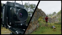 Large format film camera with purple lens element shown alongside photographer shooting in rocky mountain landscape