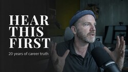Man speaking into microphone with text overlay reading 'HEAR THIS FIRST' and '20 years of career truth'