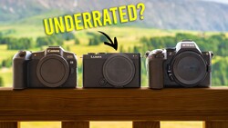 Three mirrorless cameras displayed on wooden rail with scenic countryside backdrop