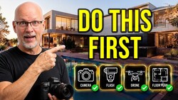 Photographer holding DSLR camera pointing at modern house with pool, with text overlay listing equipment checklist