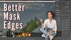 Screenshot of Photoshop interface showing mask edge refinement tutorial with woman outdoors