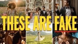 Graphic with yellow text overlay reading 'THESE ARE FAKE' across six wedding photography images