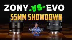 Graphic comparing two 55mm lenses: Zony and US-EVO, displayed side by side with dramatic lighting