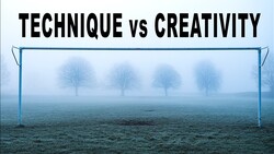 Graphic illustration showing a misty landscape with four bare trees framed by a blue rectangular border, titled 'Technique vs Creativity'