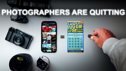 Graphic comparing professional camera equipment to a lottery ticket, illustrating the phrase 'Photographers Are Quitting'