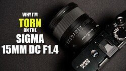 Sigma 15mm DC F1.4 lens mounted on camera with text overlay stating reasons for criticism