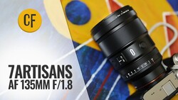 7Artisans AF 135mm f/1.8 lens mounted on camera body with colorful abstract background