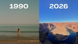 Split-screen comparison showing a person wading in turquoise water in 1990 versus an aerial view of Horseshoe Bend in 2026