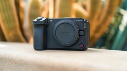 Canon EOS R5C mirrorless camera body displayed on concrete surface