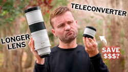 Photographer comparing three white telephoto lenses against blurred foliage backdrop