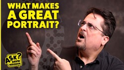Graphic with yellow text asking 'What makes a great portrait?' featuring a man in glasses gesturing while speaking