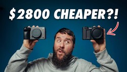 Graphic comparing two compact cameras held by a bearded man against a blue background