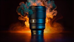 Camera lens surrounded by dramatic orange and blue flames against a black background