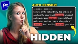 Screenshot graphic showing Adobe Premiere Pro interface with auto-censoring feature demonstration