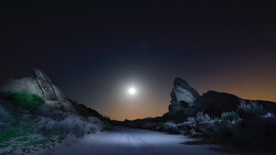 Desert landscape under full moon with illuminated rocky outcrops and sparse vegetation