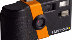 Flashback orange and black 35mm film camera with built-in flash
