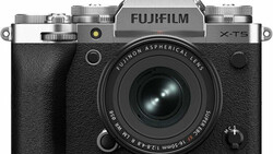 Fujifilm X-T5 mirrorless camera with silver top plate and black body grip