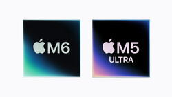 Graphic comparison of Apple M6 and M5 Ultra chip logos with gradient backgrounds