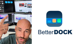 Screenshot showing BetterDock app logo alongside a person at a multi-monitor workspace setup