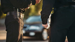 Two people in dark clothing shaking hands at night with blurred vehicles in background