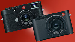 Two Leica rangefinder cameras displayed against a red background
