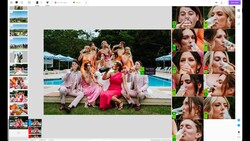 Screenshot of photo editing software showing group portrait at poolside with contact sheet of individual headshots