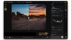 Screenshot of Luminar photo editing interface showing side-by-side comparison of desert landscape at sunset
