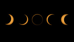 Illustration of five moon phases arranged horizontally, from crescent to full to crescent
