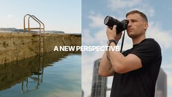 Split-screen composition showing a swimmer's ladder reflection and photographer holding binoculars against sky