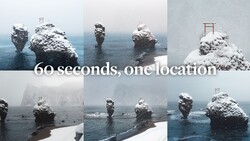 Grid of nine photographs showing snow-covered rock formations in ocean, shot from multiple angles across 60 seconds